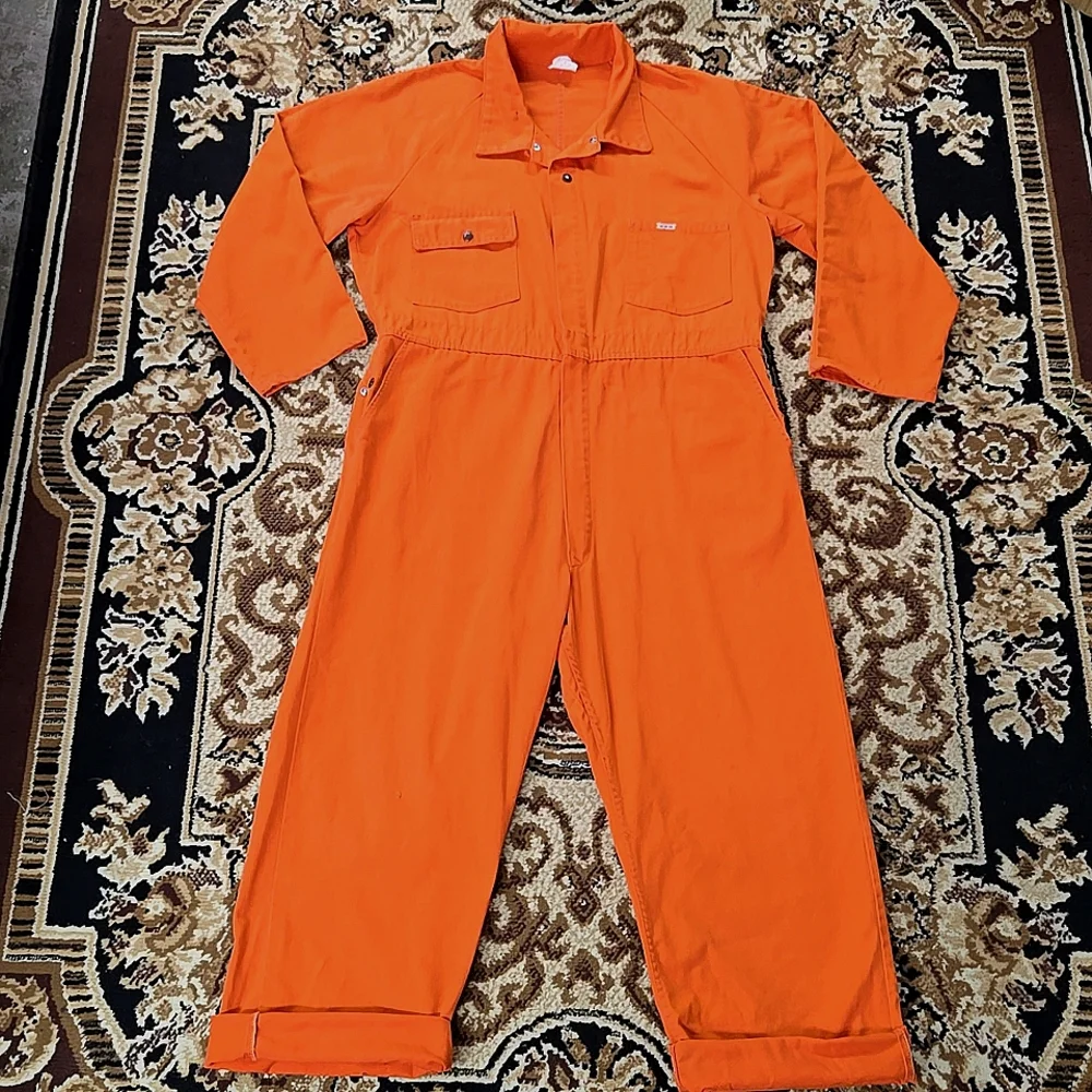 Vintage Orange Boiler Suit Hunting Jumpsuit Retro Utility Workwear Canvas Denim - Picture 1 of 16